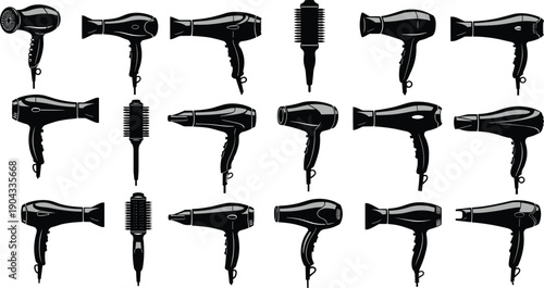Hair dryer icons set, salon equipment, styling tools, blower silhouettes, beauty appliance, vector illustration, isolated collection design