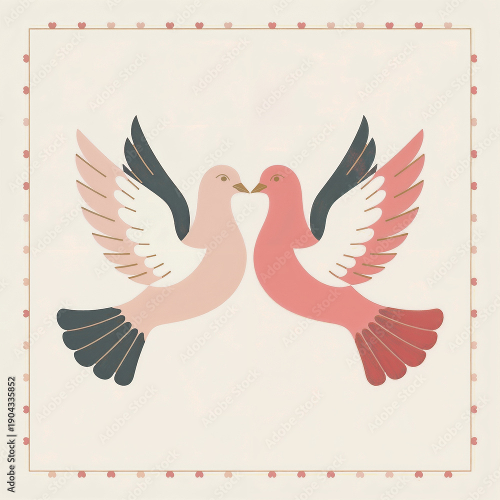Obraz premium Elegant illustration of two stylized lovebirds facing each other on soft background