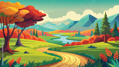 Autumn landscape with misty mountains and serene river Vector