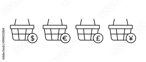 Shopping bag with dollar sign coin icon. Euro, pound, yen  currency symbol