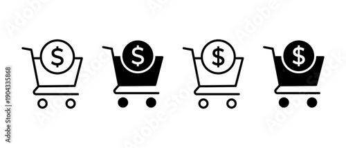 Shopping cart with dollar sign coin icon. E-commerce symbol