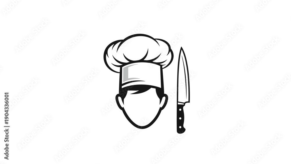 Obraz premium Minimalist chef icon shows a male head wearing a tall white toque next to a sharp kitchen knife for culinary and cooking themes.