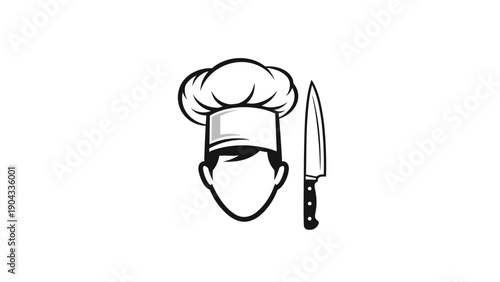 Minimalist chef icon shows a male head wearing a tall white toque next to a sharp kitchen knife for culinary and cooking themes.