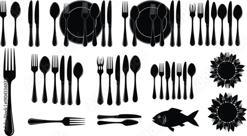 Dining utensil silhouette set with forks, knives, spoons, plates, napkins, sunflower decoration, fish symbol, vector illustration, editable, isolated graphic
