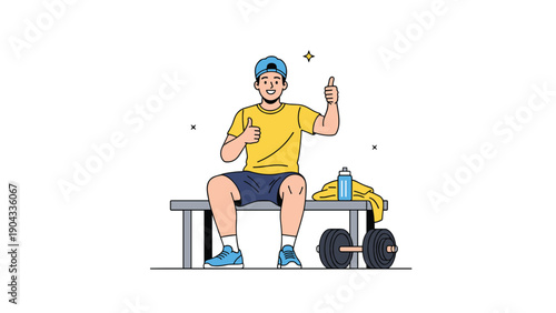 Happy man in athletic wear sits on a weight bench and gives a double thumbs up after a successful workout session in a gym environment.