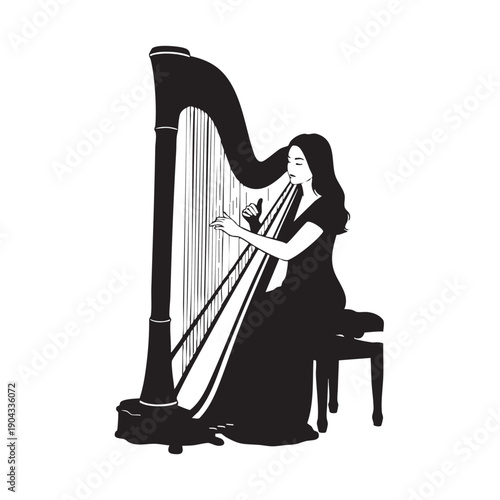 Elegant Woman Playing Harp Silhouette Harpist Performing Classical Instrument Musician Silhouette Art