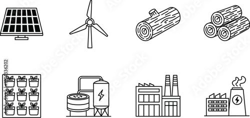 Renewable energy line icons set featuring solar panels wind turbines biomass logs factories power plants sustainable industry clean electricity vector illustration outline design