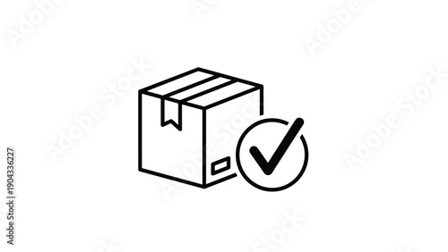 Closed cardboard box for shipping is accompanied by a large checkmark symbol to indicate a successful delivery or verified package.
