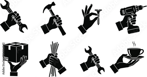 Hands holding tools set, wrench, hammer, drill, nails, package box, coffee cup, vector silhouette 