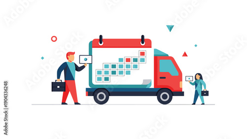 Logistics and shipping concept illustration shows a delivery truck with a calendar overlay and two workers managing the schedule.