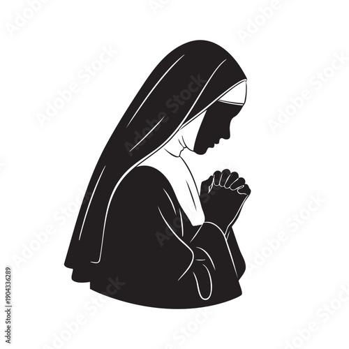 Religious Woman Silhouette Praying Devout Nun Side Profile Silhouette Illustration Black and White Vector Art Spiritual Contemplation Faithful Person
