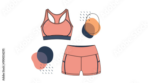 Women's athletic apparel set features a pink sports bra and matching high waisted shorts with geometric accent shapes and patterns.