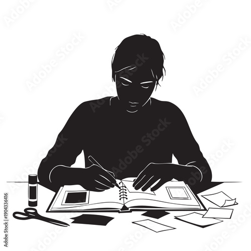 Person Scrapbooking Creative Hobby Silhouette Crafting Album Memory Preservation Vector Art Black and White Illustration Tabletop Activity