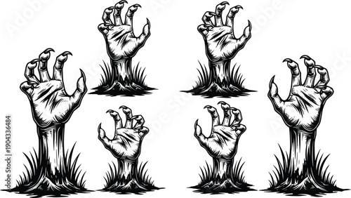 Set of zombie hands emerging from ground illustration symbolizing horror undead concept spooky Halloween design isolated on white background for creative graphic use