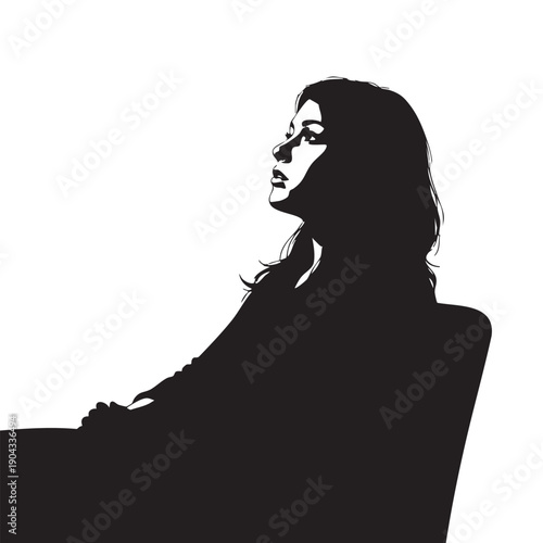 Woman Looking Up Thoughtful Silhouette Profile Pensive Expression Female Figure Contemplative Gaze Vector Art Black and White Illustration