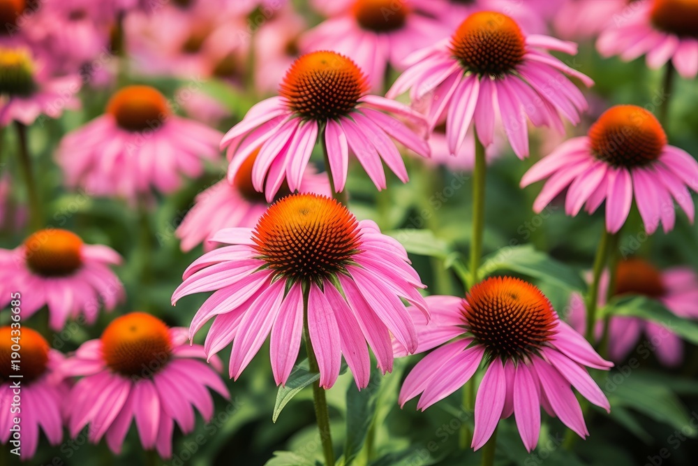 Fototapeta premium Echinacea flowers showcasing pink petals and orange centers in a field
