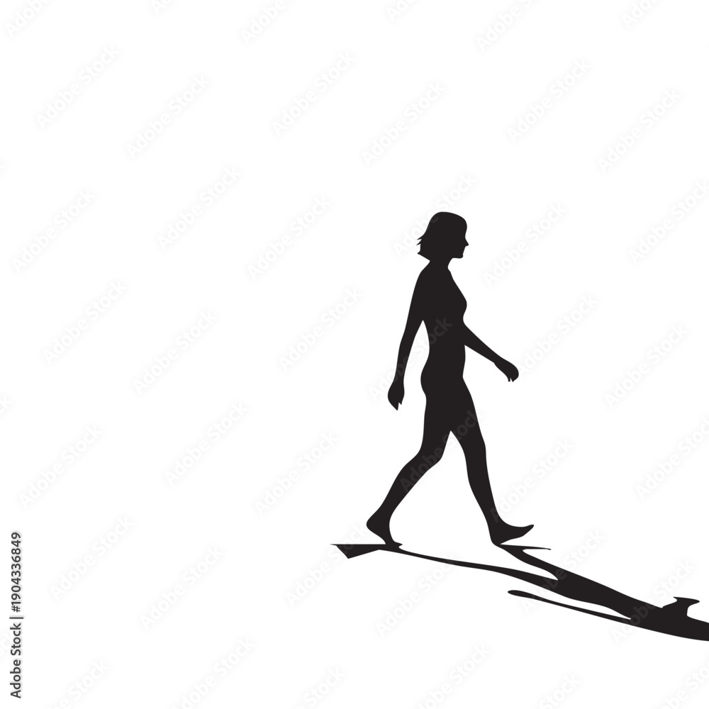 Fototapeta premium Woman silhouette walking with long shadow on white background vector illustration minimalist design female figure striding forward casting elongated dark form across empty space