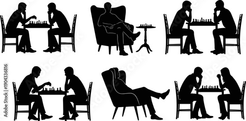 Chess players silhouettes, strategic board game scenes, thinking opponents at table, isolated black vector illustration, intellectual activity concept