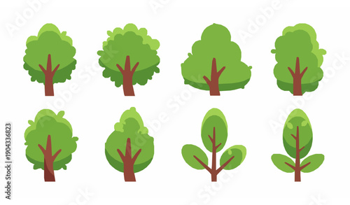 Cute cartoon green trees and plant collection vector set for kids nature and educational designs