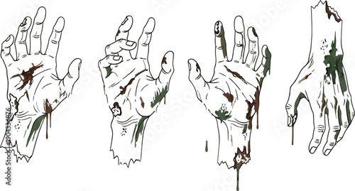 Set of zombie hands illustration showing undead dirty damaged palms and fingers horror apocalypse concept isolated on white background for Halloween graphic design use