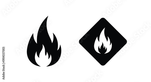 Black and white illustration of a flame and a diamond with a flame