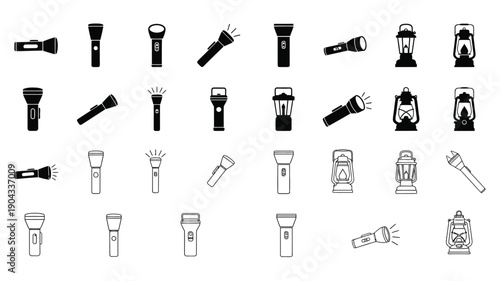 Collection of various black and white flashlight and lantern icons