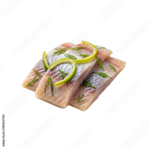 Marinated herring fillets with lime and dill isolated on transparent background