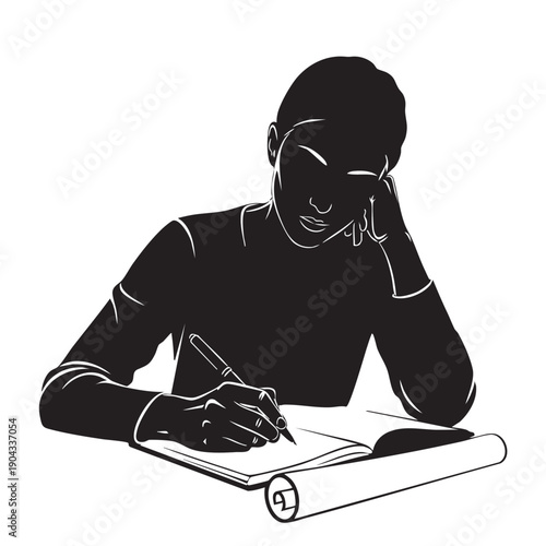 Silhouette of a young person writing in a notebook with a pen on a desk focused on their studies or creative work vector illustration for education learning and contemplation