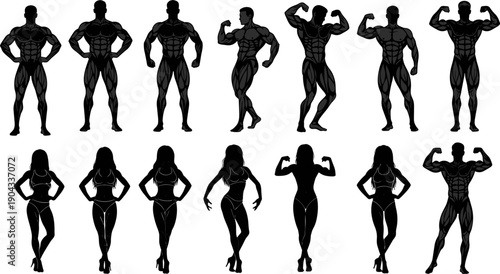 Bodybuilder silhouettes set, muscular men women posing, fitness physique showcase, isolated black vector illustration collection design