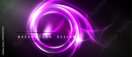 Abstract purple glowing swirls, dynamic energy. Dark background enhances vibrant light effects, modern design element.