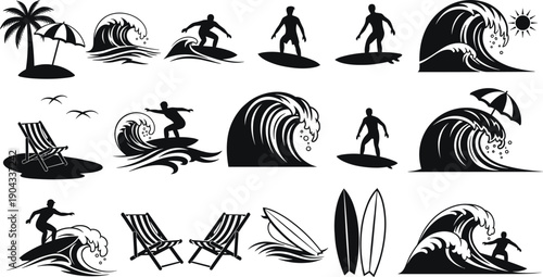 Surfing and beach icon set with waves surfers palm trees deck chairs and surfboards, black silhouettes isolated on white background for summer ocean lifestyle design