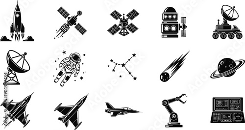 Space technology icon set featuring rockets satellites astronauts robots telescopes and spacecraft, black silhouettes isolated on white background for science aerospace and futuristic design projects