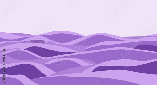 Abstract rolling hills in various shades of purple against a pale purple sky