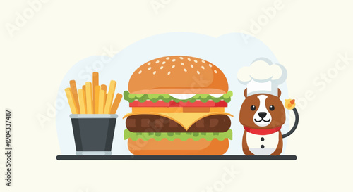 Adorable cartoon dog in chef hat with hamburger and fries