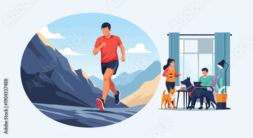 Active runner in mountains contrasted with indoor home life