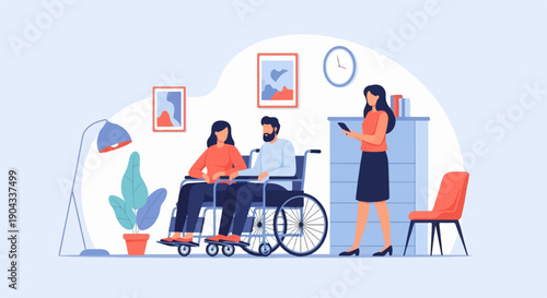 Accessible living space with a couple in wheelchairs, assisted by a woman