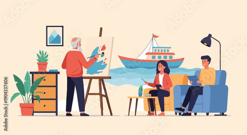 Artistic scene with people painting, discussing, and reading, alongside a boat