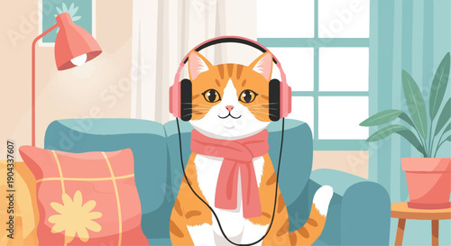 Adorable ginger cat with headphones and scarf relaxes on a sofa in a cozy room