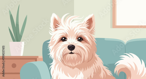 Adorable fluffy white dog sits on a couch next to a plant