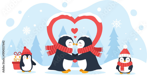 Adorable penguins celebrate love and winter under a snowy heart