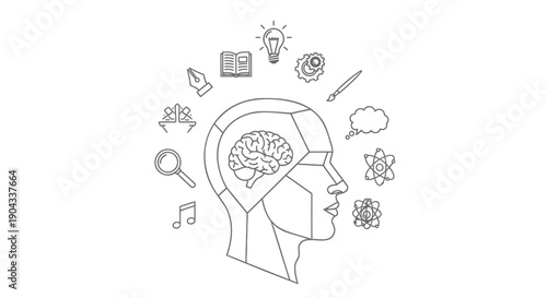 Vector illustration of a human head with brain and creative thought icons, for website or presentation, isolated on transparent background, png