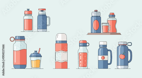 Assorted reusable beverage containers in blue and coral tones