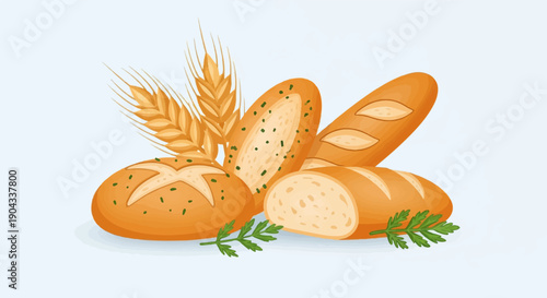 Assortment of golden-brown baked bread, wheat stalks, and green herb sprigs
