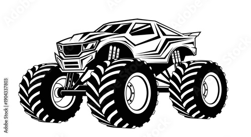 Monster Truck illustration, black and white, off-road vehicle, extreme sports