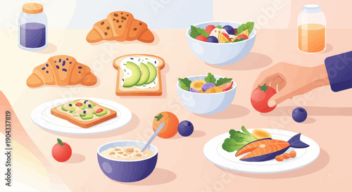 Assortment of healthy breakfast foods and drinks arranged on a table