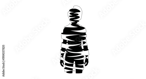 Trapped Human Silhouette Illustration, Entangled with White Stripes, Isolation Concept