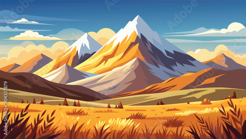 Majestic mountains bathed in golden autumn light amidst rolling fields Vector