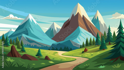 Majestic mountain peaks with a winding path through a lush green valley landscape Vector