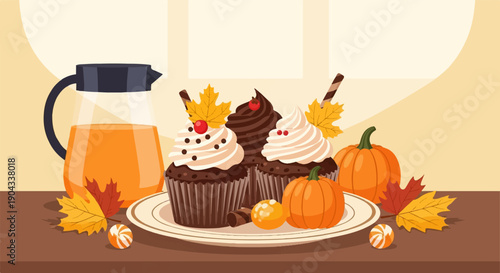 Autumn dessert spread cupcakes, juice, pumpkins, and candy on a table