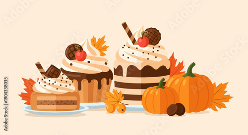 Autumn desserts and pumpkins arrangement with autumn leaves, berries and nuts